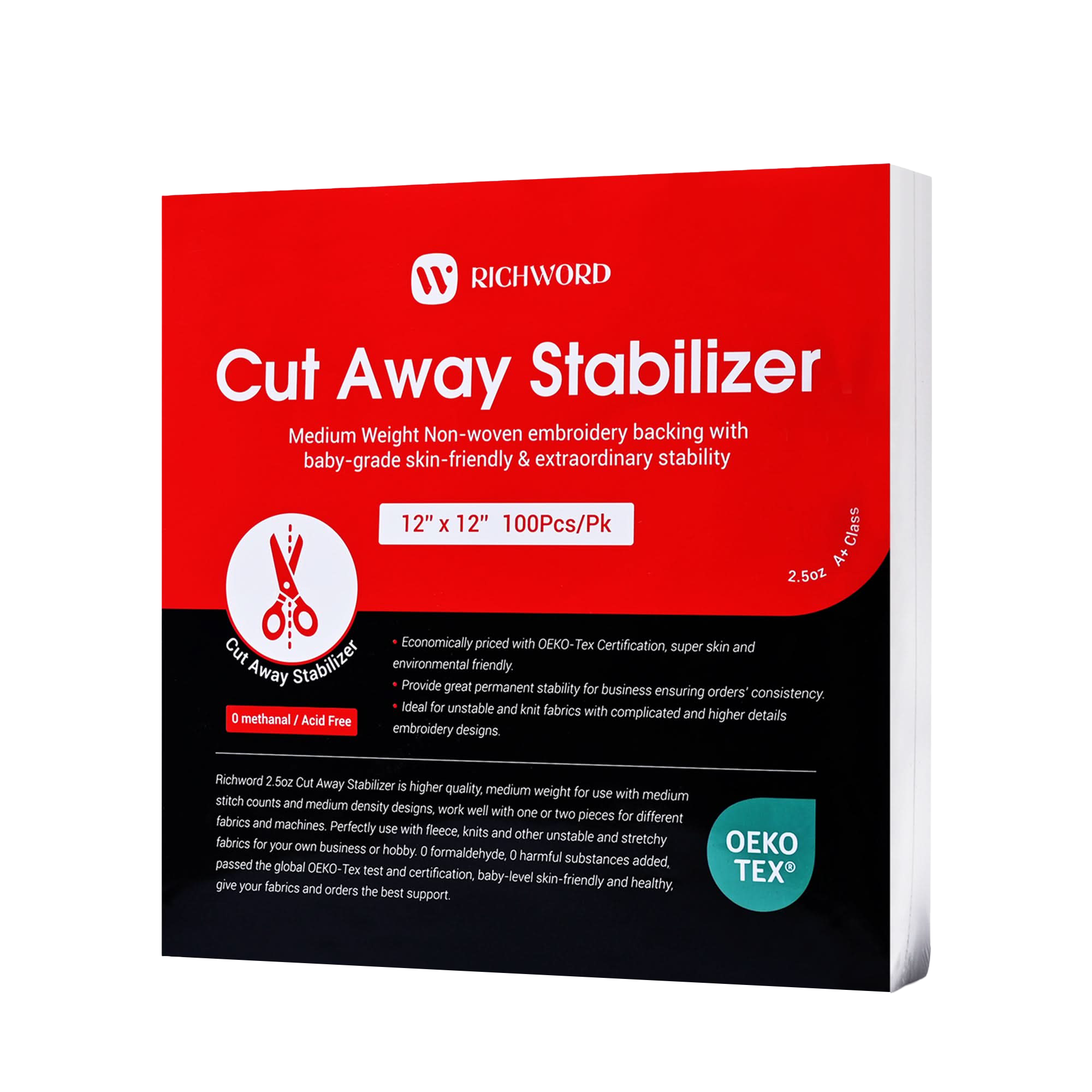 PooLin Cut Away Embroidery Stabilizer Backing Sheets 2.5oz 12in x 12in 100pcs