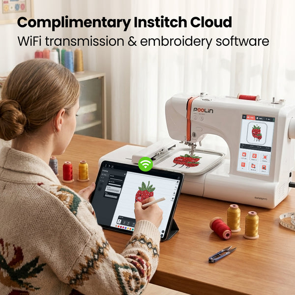 PooLin EOC05(2in1) Sewing and Embroidery Machine 4"x4" & 4"x9.25" Embroidery Size, 130 Built-in Designs 207 Sewing Stitches, 7" Touch Screen with WiFi Transfer, Includes Full Kits & 1-on-1 Training