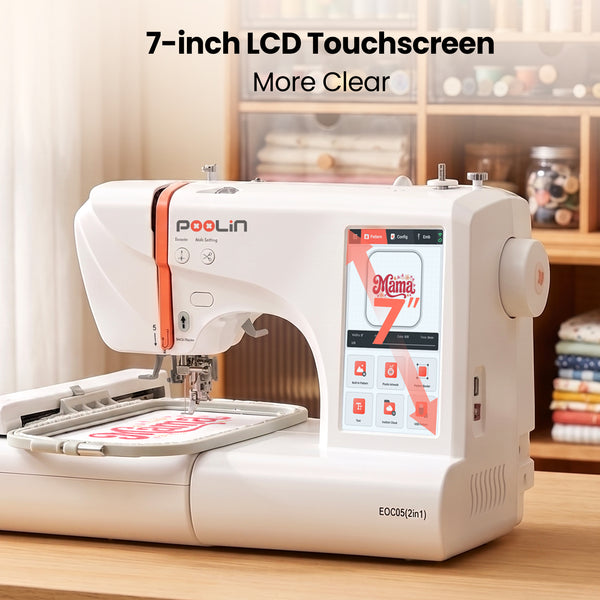 PooLin EOC05(2in1) Sewing and Embroidery Machine 4"x4" & 4"x9.25" Embroidery Size, 130 Built-in Designs 207 Sewing Stitches, 7" Touch Screen with WiFi Transfer, Includes Full Kits & 1-on-1 Training