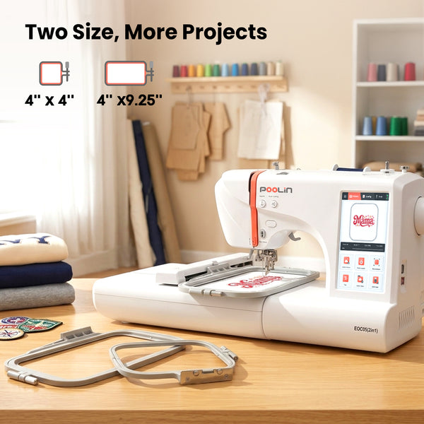 PooLin EOC05(2in1) Sewing and Embroidery Machine 4"x4" & 4"x9.25" Embroidery Size, 130 Built-in Designs 207 Sewing Stitches, 7" Touch Screen with WiFi Transfer, Includes Full Kits & 1-on-1 Training