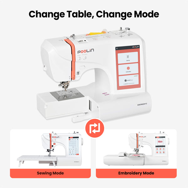 PooLin EOC05(2in1) Sewing and Embroidery Machine 4"x4" & 4"x9.25" Embroidery Size, 130 Built-in Designs 207 Sewing Stitches, 7" Touch Screen with WiFi Transfer, Includes Full Kits & 1-on-1 Training