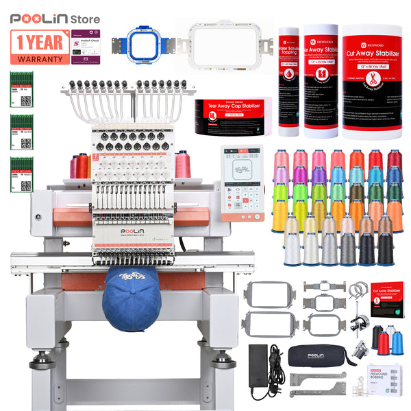 PooLin EOV Compact Commercial Cap Tubular Embroidery Machine15 needles for efficient multi-color production-built for daily orders in small shops & home studios