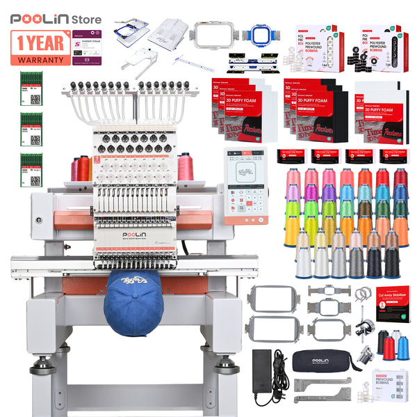 PooLin EOV Compact Commercial Cap Tubular Embroidery Machine15 needles for efficient multi-color production-built for daily orders in small shops & home studios