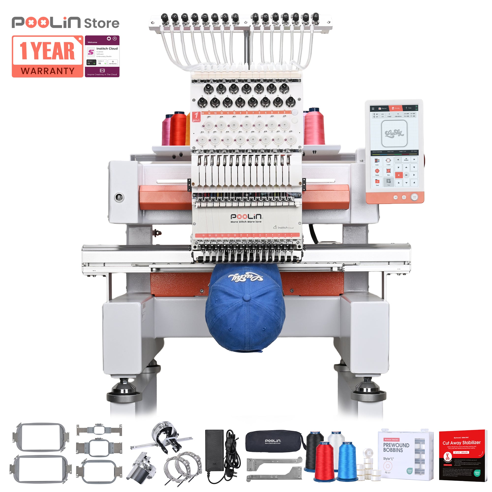 PooLin EOV 15-Needle Commercial Embroidery Machine Built for Hats. Made for More.