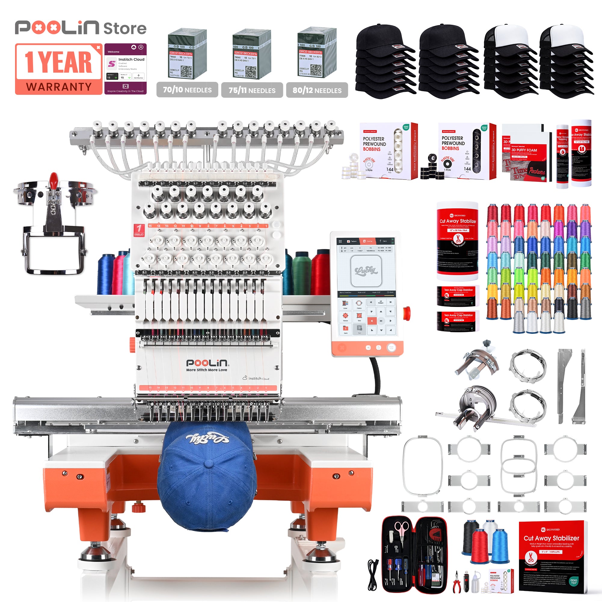 PooLin EOX Commercial Flagship Embroidery Machine –  15 Needles, Large 350mm×500mm Embroidery Area