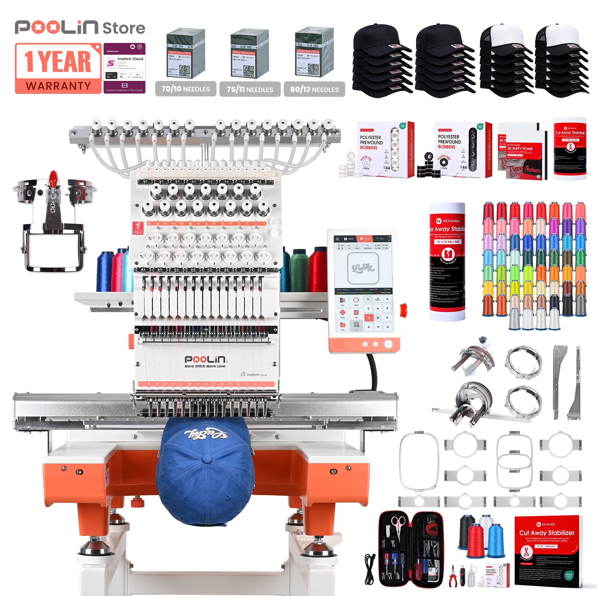 PooLin EOX Commercial Flagship Embroidery Machine –  15 Needles, Large 350mm×500mm Embroidery Area