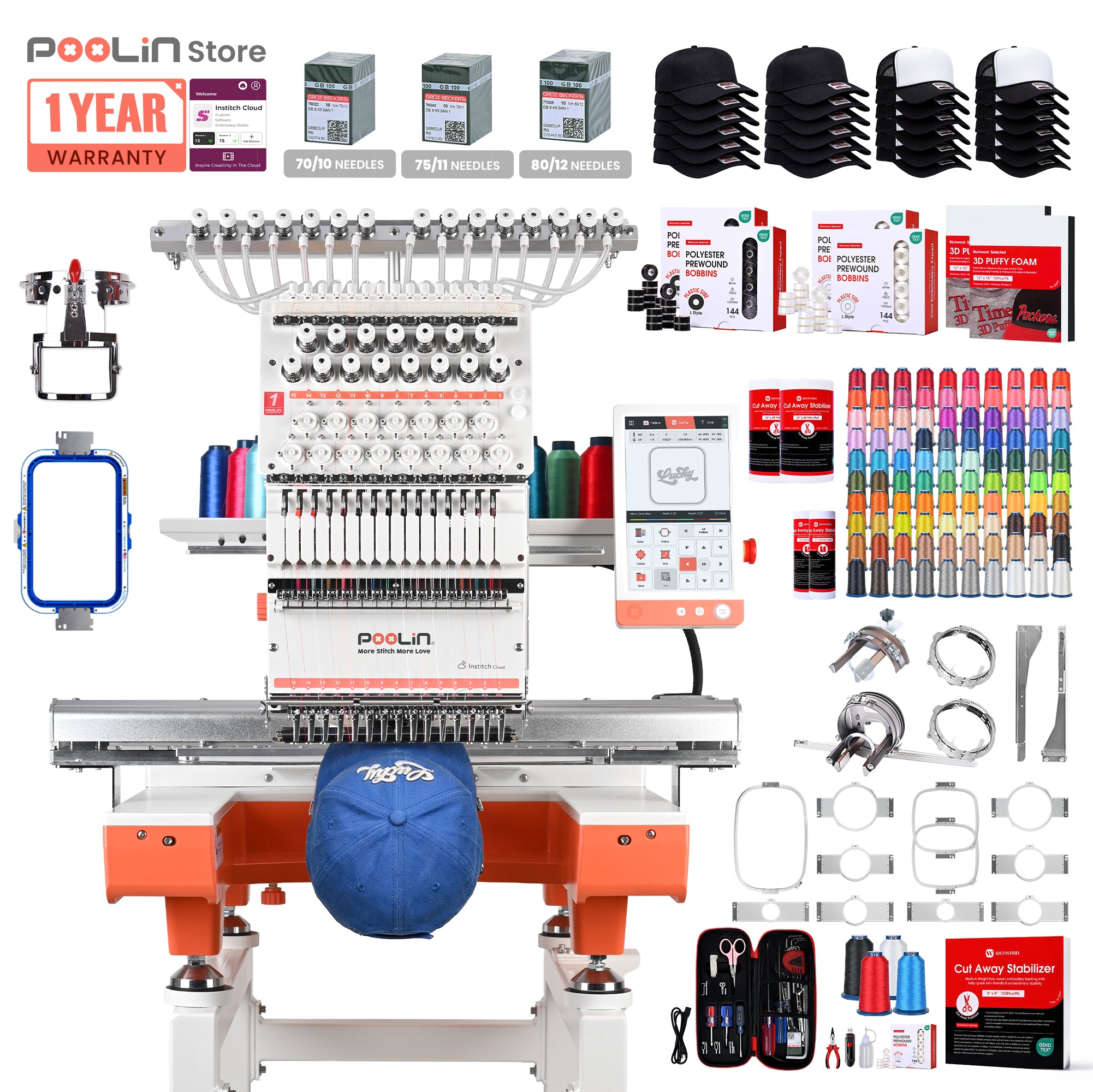 PooLin EOX Commercial Flagship Embroidery Machine –  15 Needles, Large 350mm×500mm Embroidery Area