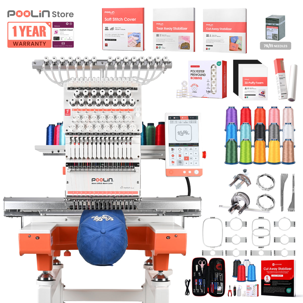 PooLin EOX Commercial Flagship Embroidery Machine –  15 Needles, Large 350mm×500mm Embroidery Area