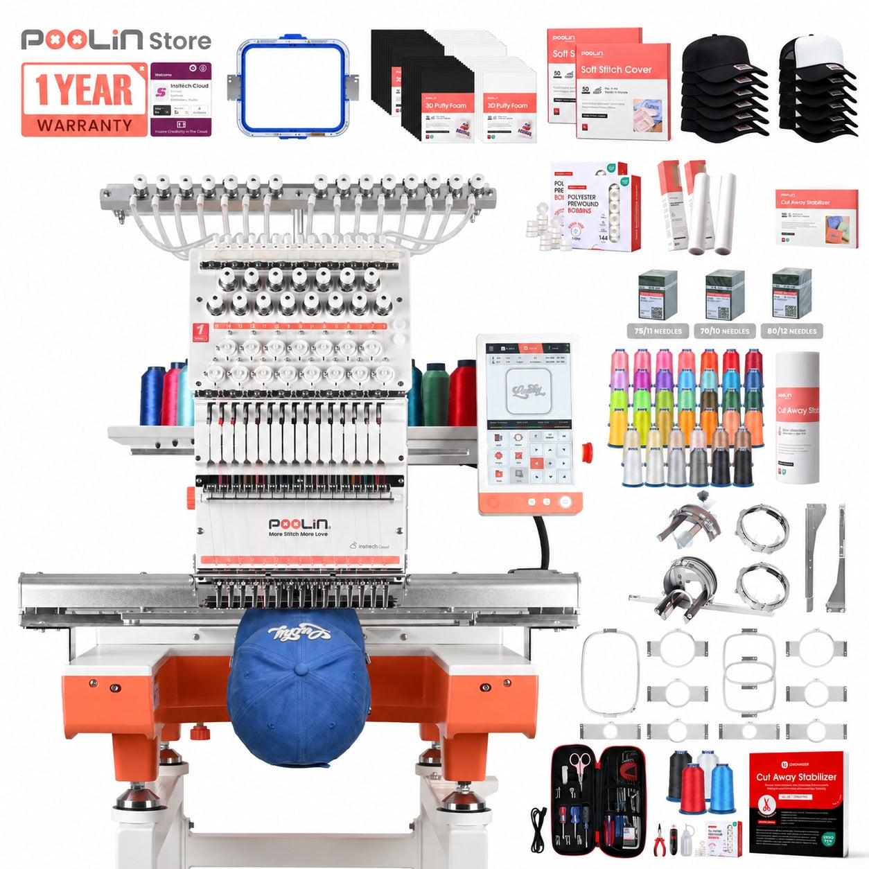 PooLin EOX Commercial Flagship Embroidery Machine –  15 Needles, Large 350mm×500mm Embroidery Area
