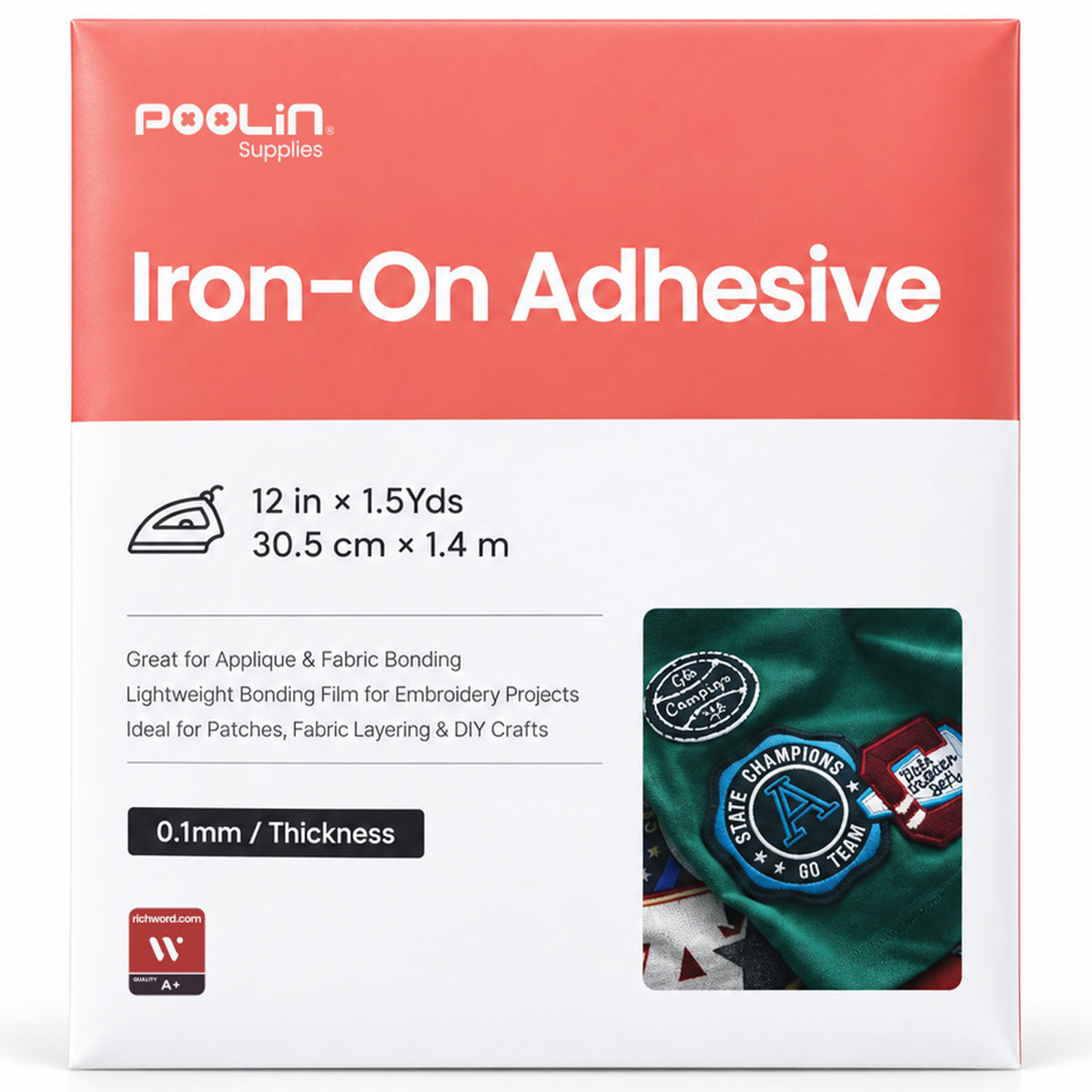 Poolin Iron-On Adhesive Film for Fabric, 12 in x 1.5 yd, Applique