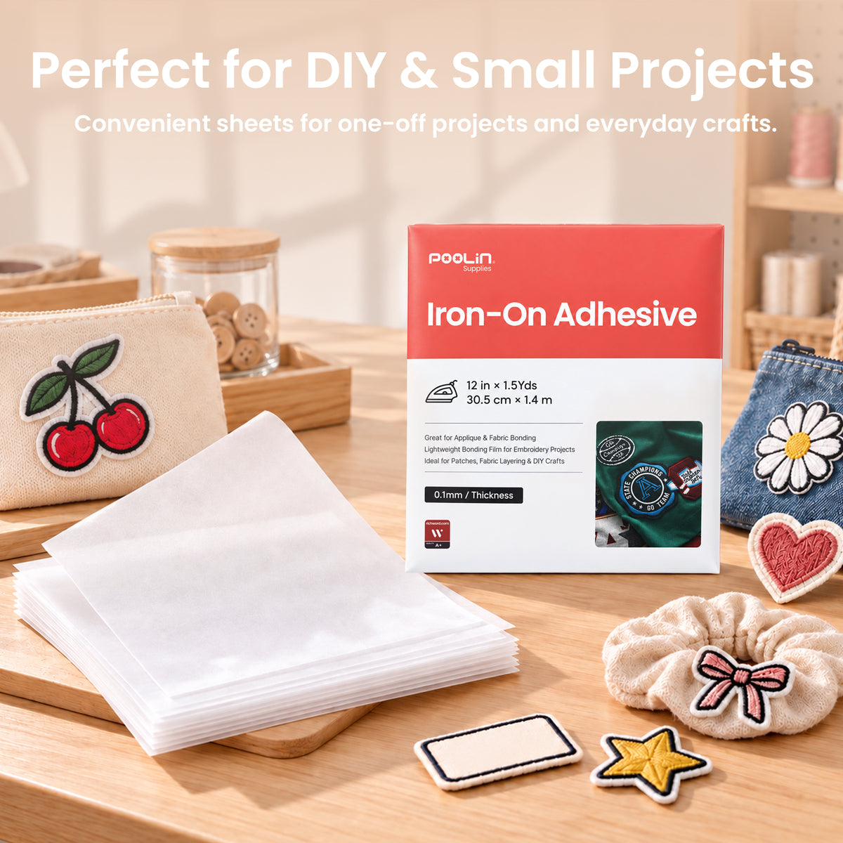 Poolin Iron-On Adhesive Film for Fabric, 12 in x 1.5 yd, Applique