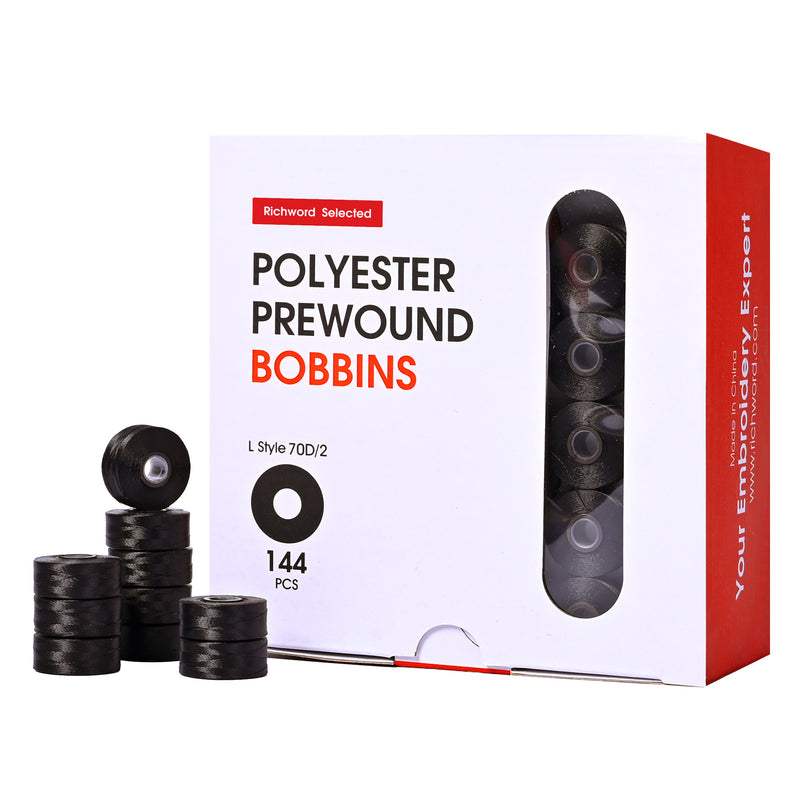 Poolin Magsnap Prewound Bobbins, Style L (SA155), 144pcs Black, 60WT Richword Selected Polyester Bobbin Thread for Commercial Multi-Needle Embroidery Machines