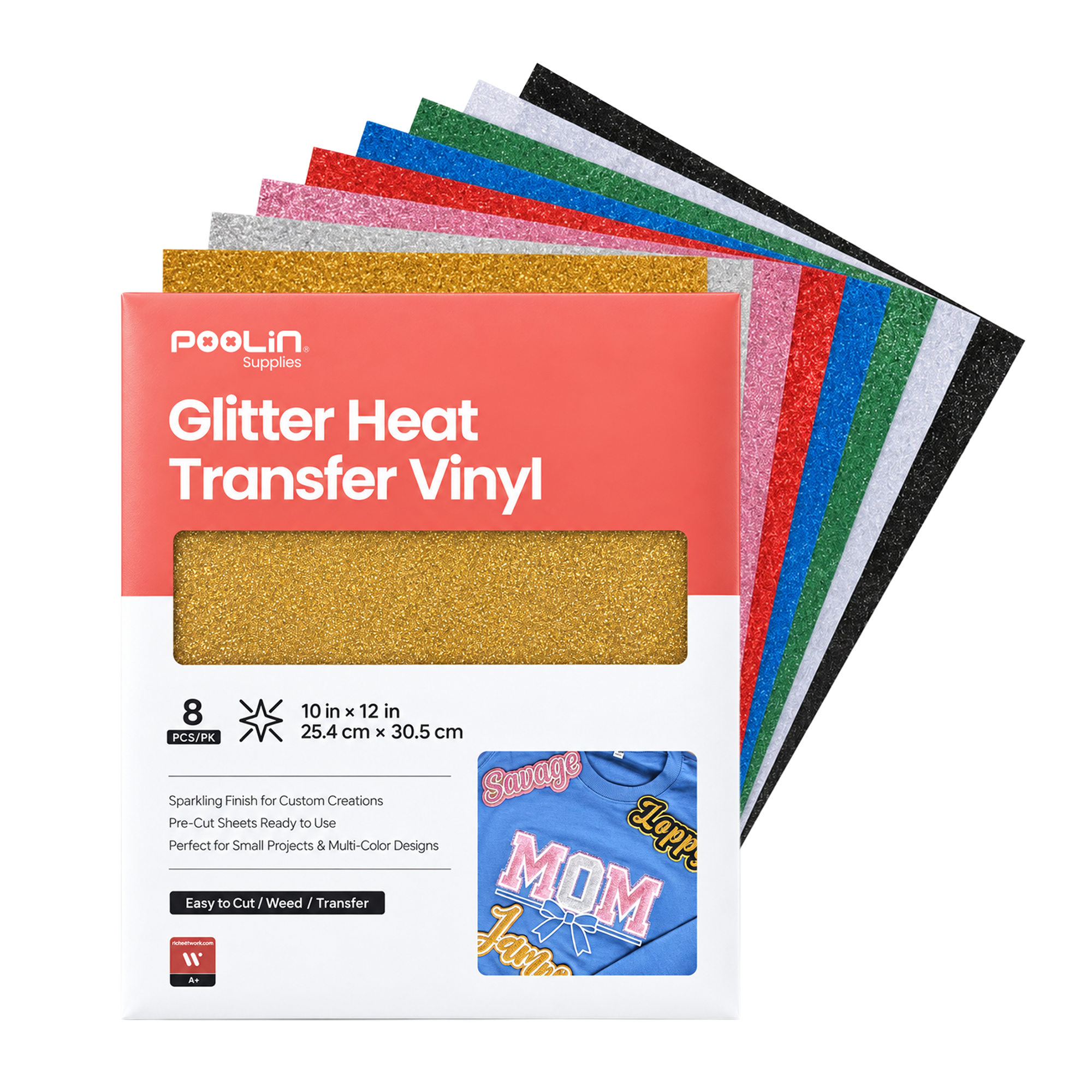 POOLIN Glitter Heat Transfer Vinyl Sheet Set, Gold 8 Colors, 10" x 12"