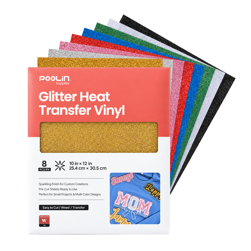 POOLIN Glitter Heat Transfer Vinyl Sheet Set, Gold 8 Colors, 10" x 12"