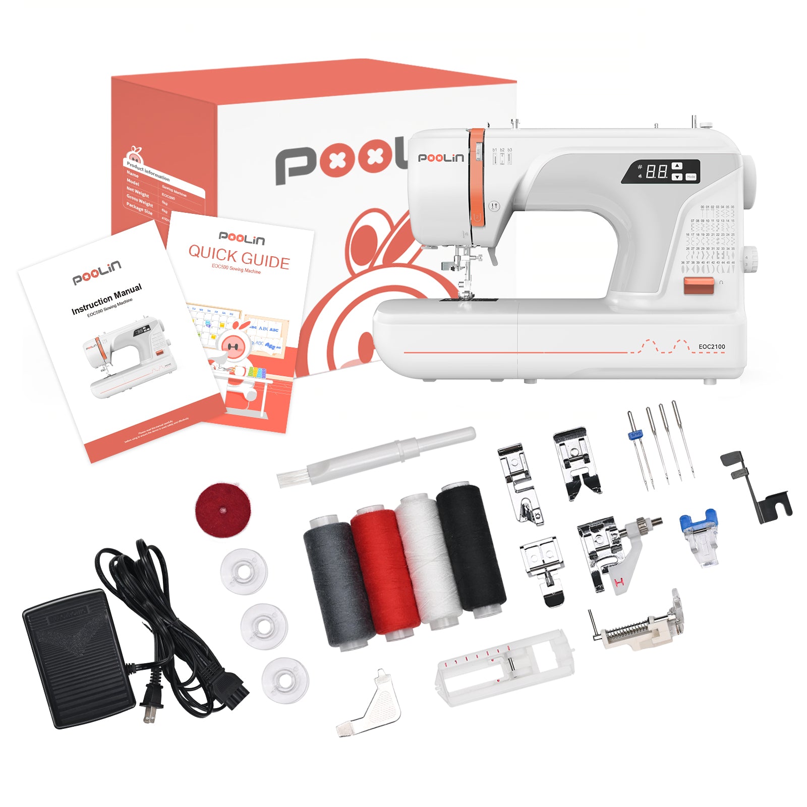 PooLin EOC01 Computerized Sewing Machine, 107 Stitches, Twin Needle