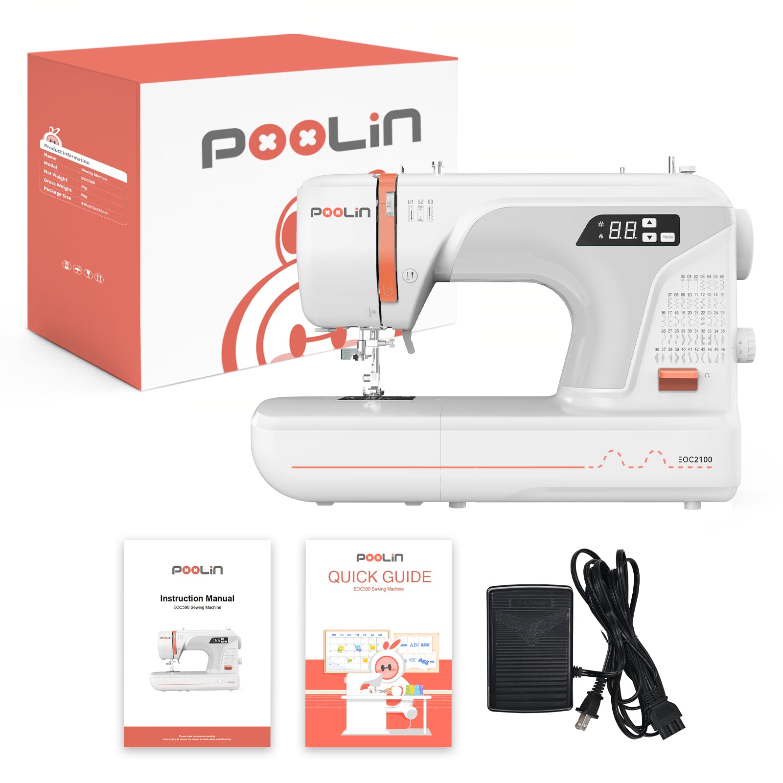 PooLin EOC01 Computerized Sewing Machine, 107 Stitches, Twin Needle