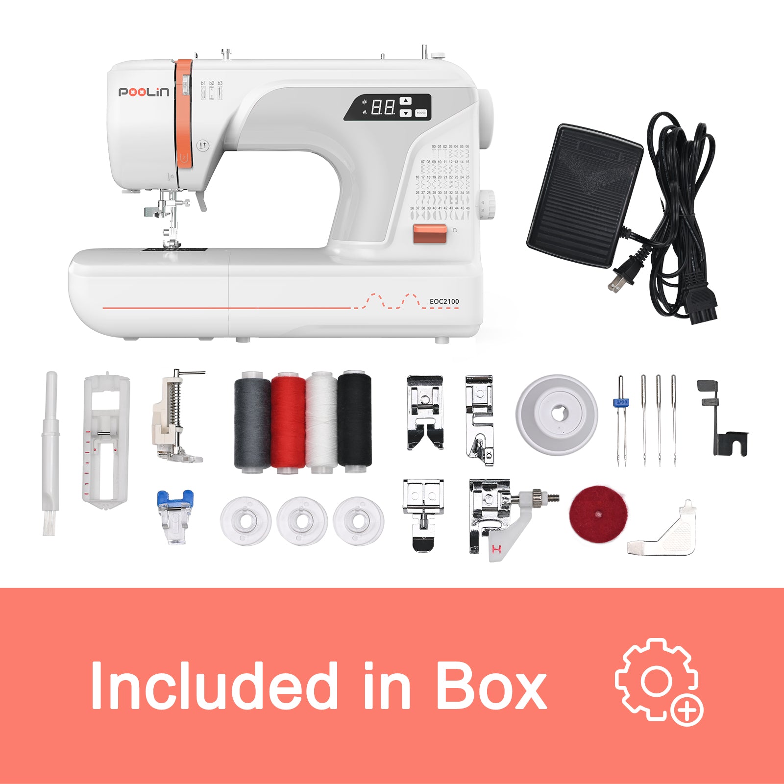PooLin EOC01 Computerized Sewing Machine, 107 Stitches, Twin Needle