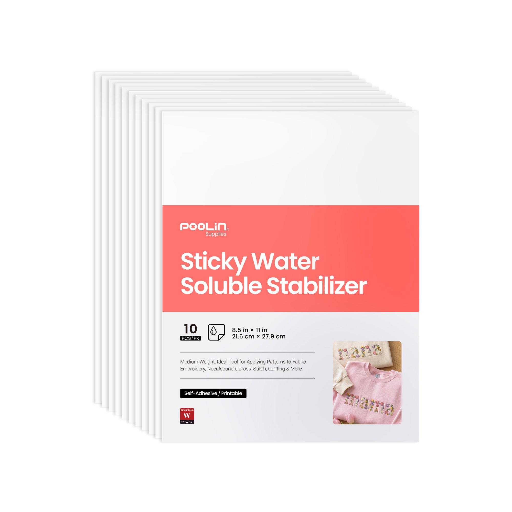 PooLin Printable Water Soluble Stabilizer Paper 8.5" x 11" Sticky & Wash-Away Embroidery Backing 10 Sheets for Machine & Hand Embroidery