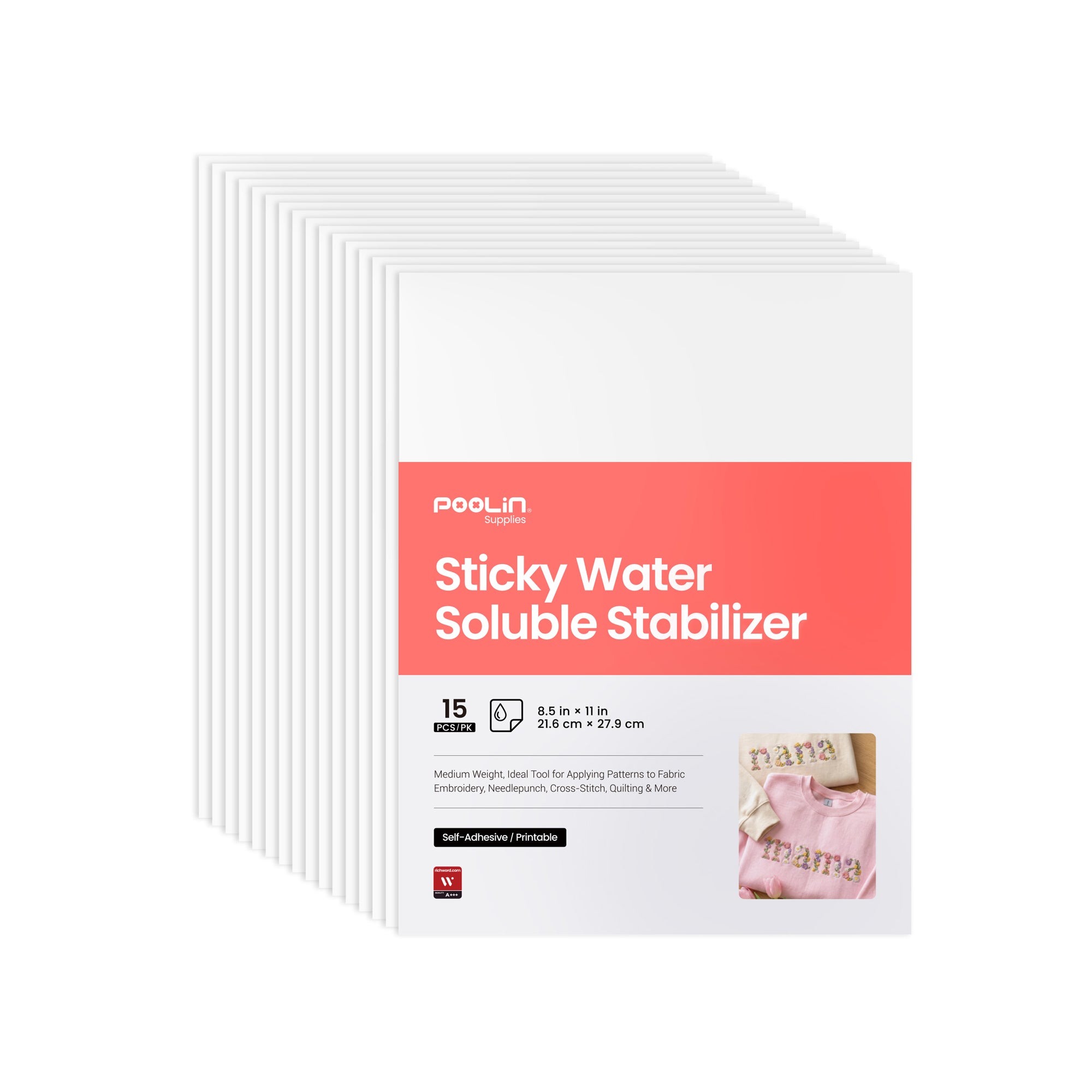 PooLin Printable Water Soluble Stabilizer Paper 8.5" x 11" Sticky & Wash-Away Embroidery Backing 10 Sheets for Machine & Hand Embroidery