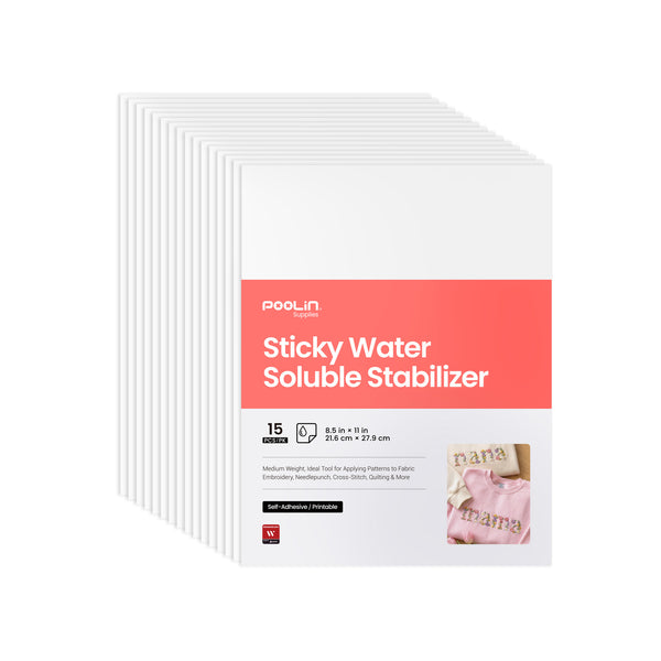 PooLin Sticky Water Soluble Stabilizer Paper 8.5" x 11" Sticky & Wash-Away Embroidery Backing 10 Sheets for Machine & Hand Embroidery