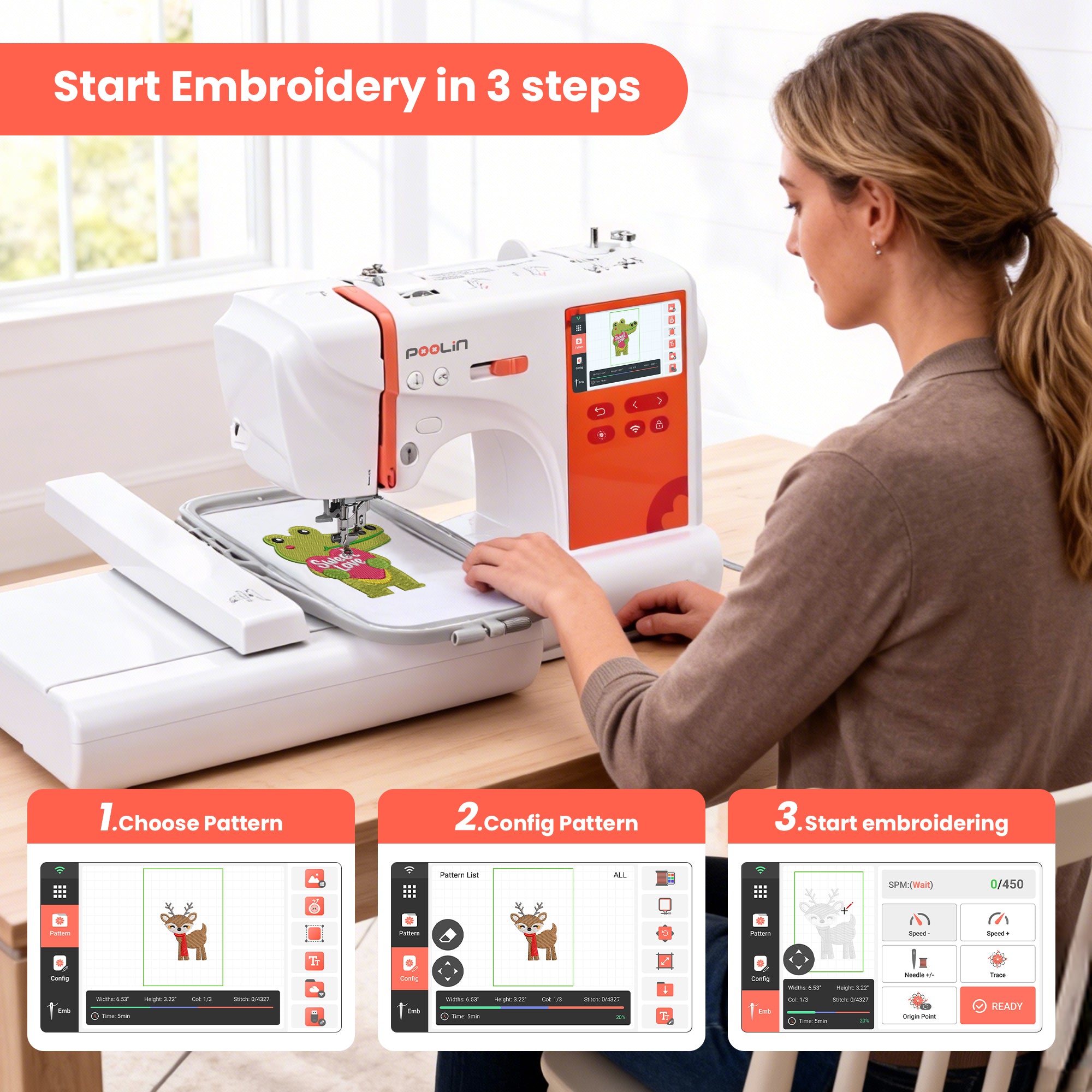 PooLin EOC03RE Your Home Automatic Embroidery Machine Computerized for Beginners