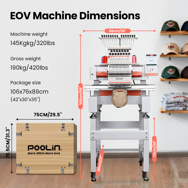 PooLin EOV Compact Commercial Cap Tubular Embroidery Machine15 needles for efficient multi-color production-built for daily orders in small shops & home studios