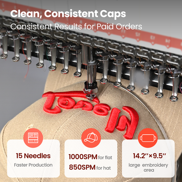 PooLin EOV Compact Commercial Cap Tubular Embroidery Machine15 needles for efficient multi-color production-built for daily orders in small shops & home studios