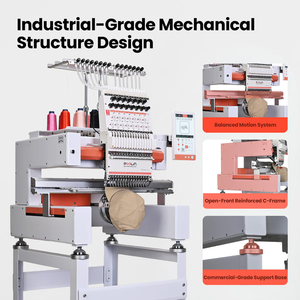 PooLin EOV Compact Commercial Cap Tubular Embroidery Machine15 needles for efficient multi-color production-built for daily orders in small shops & home studios