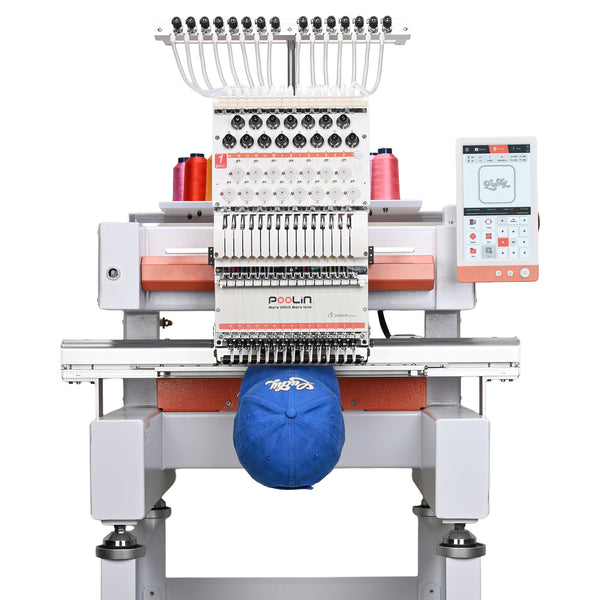 PooLin EOV Compact Commercial Cap Tubular Embroidery Machine15 needles for efficient multi-color production-built for daily orders in small shops & home studios