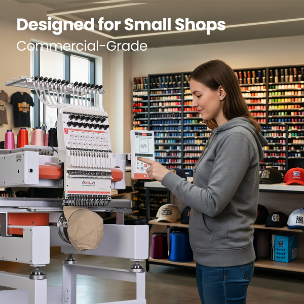 PooLin EOV Compact Commercial Cap Tubular Embroidery Machine15 needles for efficient multi-color production-built for daily orders in small shops & home studios