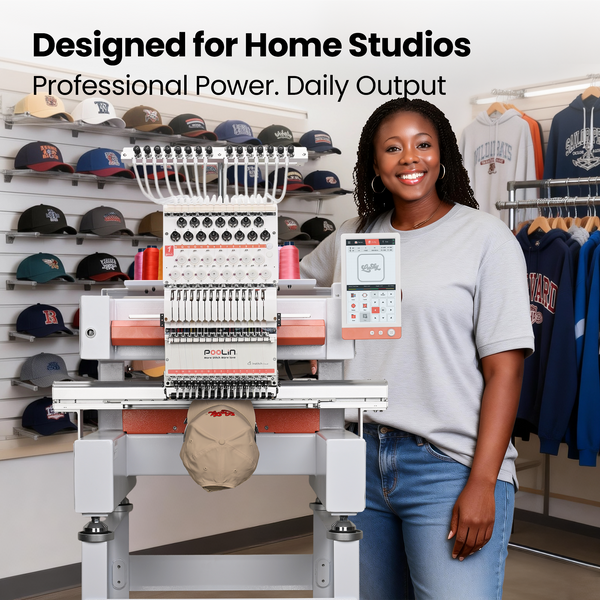 PooLin EOV Compact Commercial Cap Tubular Embroidery Machine15 needles for efficient multi-color production-built for daily orders in small shops & home studios