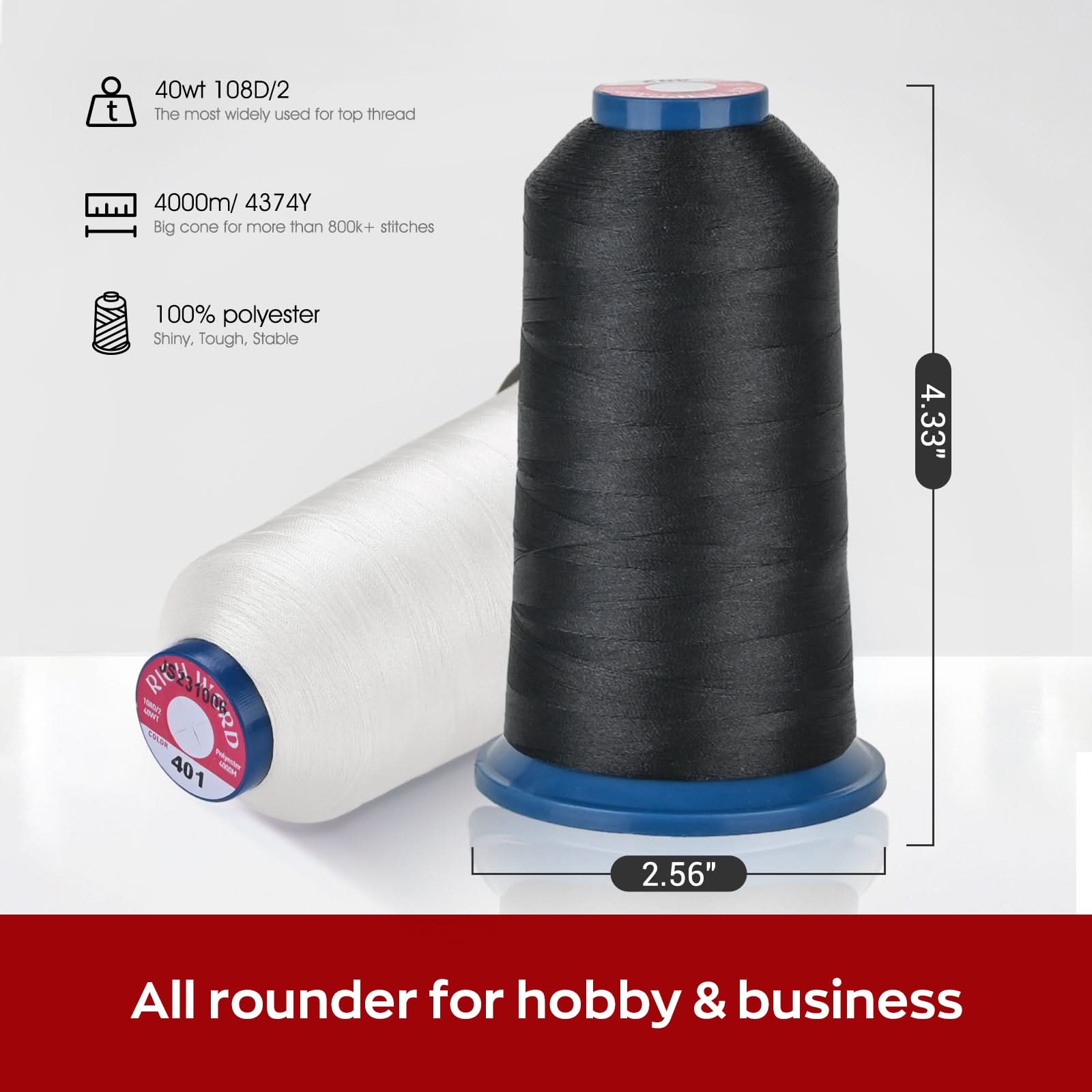 PooLin Polyester Embroidery Thread Set 100 Rolls Black 402 4000m 108D/2 40WT