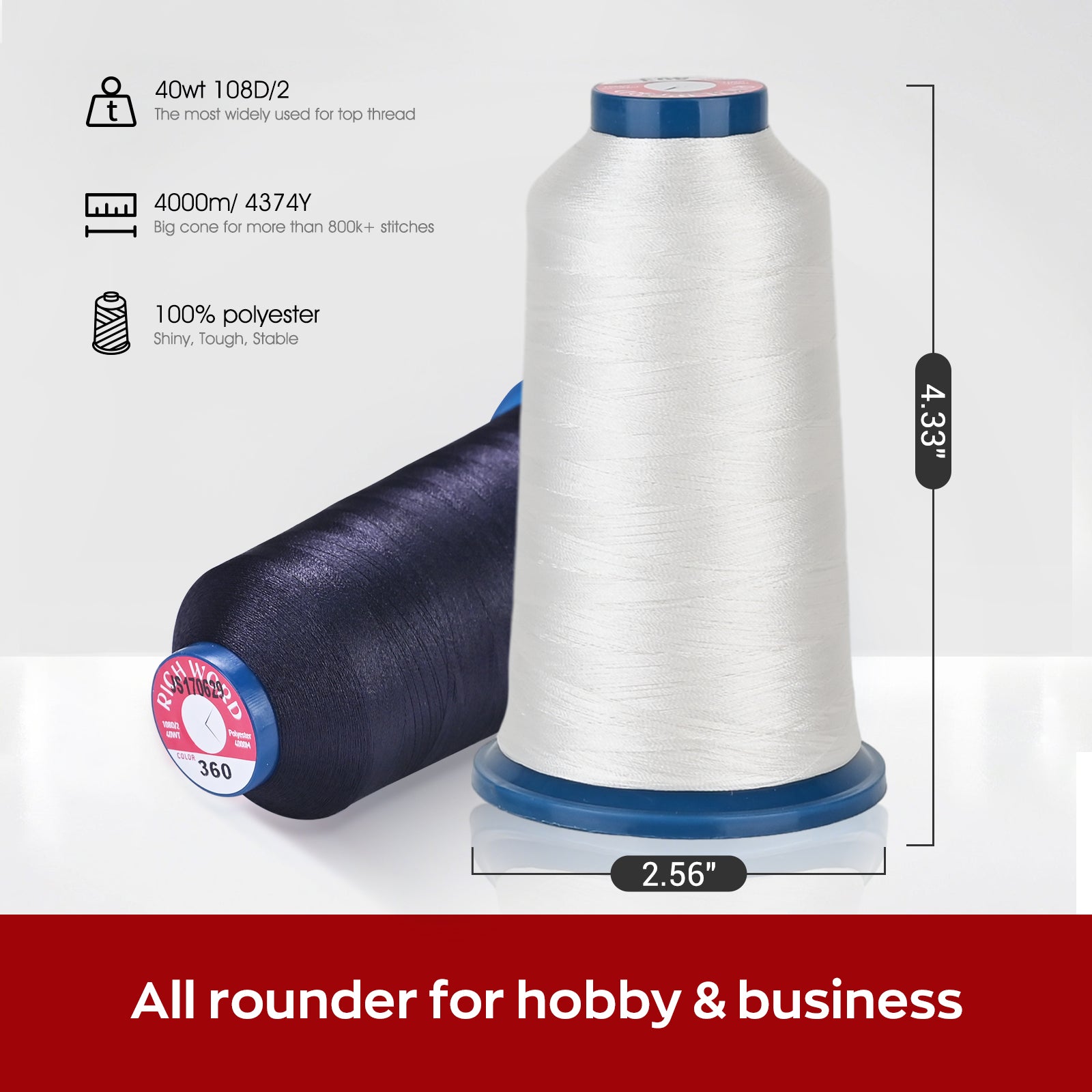 PooLin Polyester Embroidery Thread Set 100 Rolls White 403 4000m 108D/2 40WT