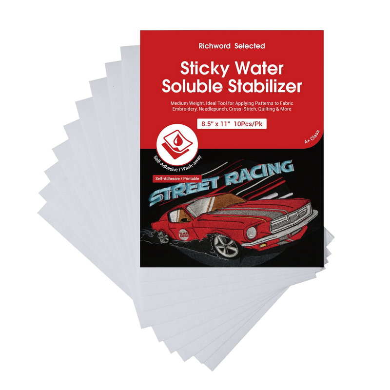 Richword Selected Printable Water Soluble Stabilizer Paper 8.5"x11" - Sticky & Wash-Away Embroidery Backing - 10 Sheets for Machine/Hand Embroidery