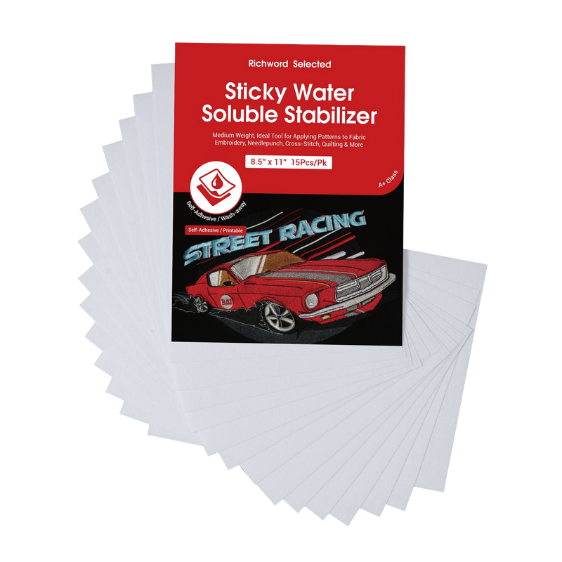 Richword Selected Printable Water Soluble Stabilizer Paper 8.5"x11" - Sticky & Wash-Away Embroidery Backing - 15 Sheets for Machine/Hand Embroidery