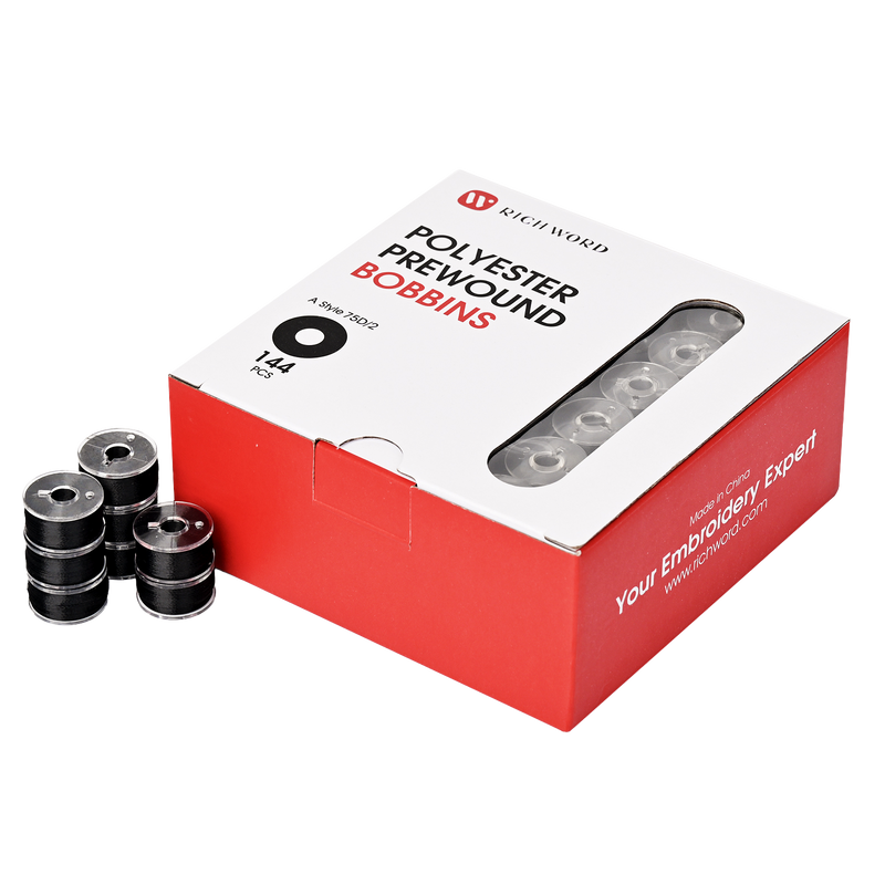 Prewound Embroidery Bobbins – Style A, 75D/2 (60WT), Black, Plastic Sides, 144 Pcs