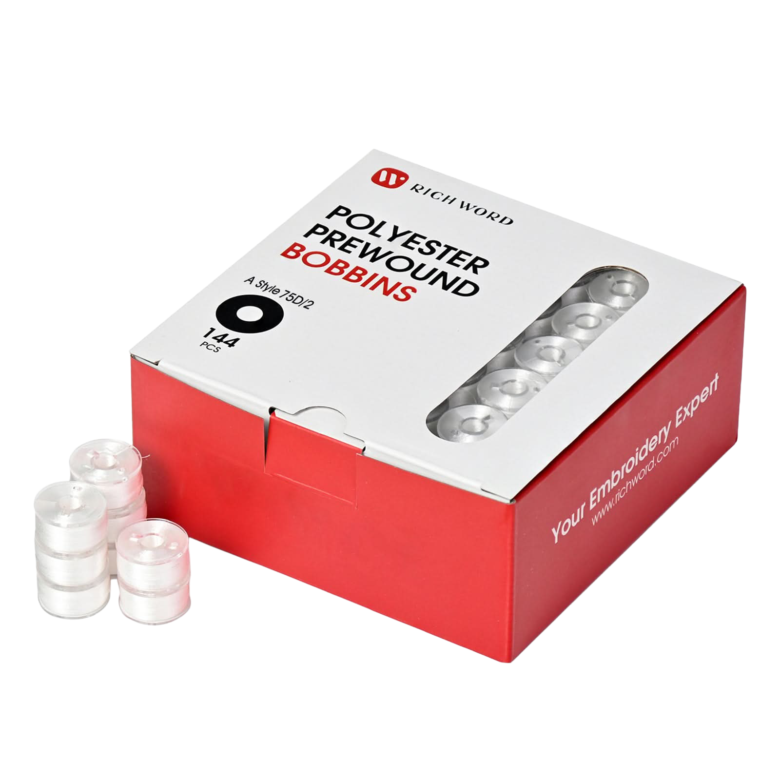 Prewound Embroidery Bobbins – Style A, 75D/2 (60WT), White, Plastic Sides, 144 Pcs