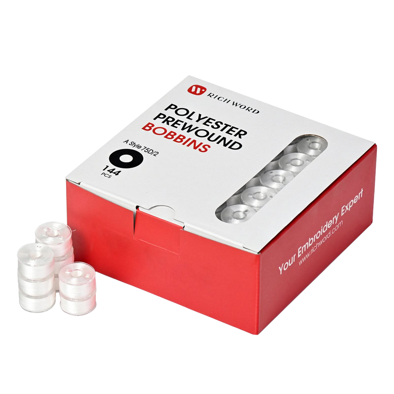 Prewound Embroidery Bobbins – Style A, 75D/2 (60WT), White, Plastic Sides, 144 Pcs