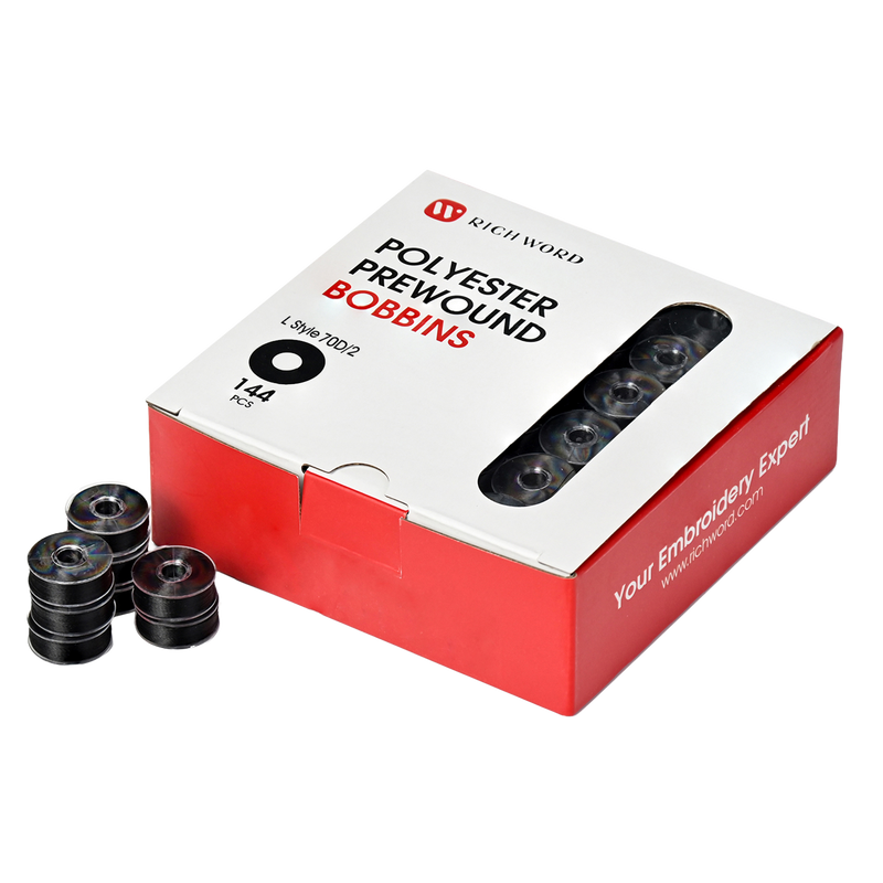 Prewound Embroidery Bobbins – Style L, 70D/2 (60WT), Black, Plastic Sides, 144 Pcs