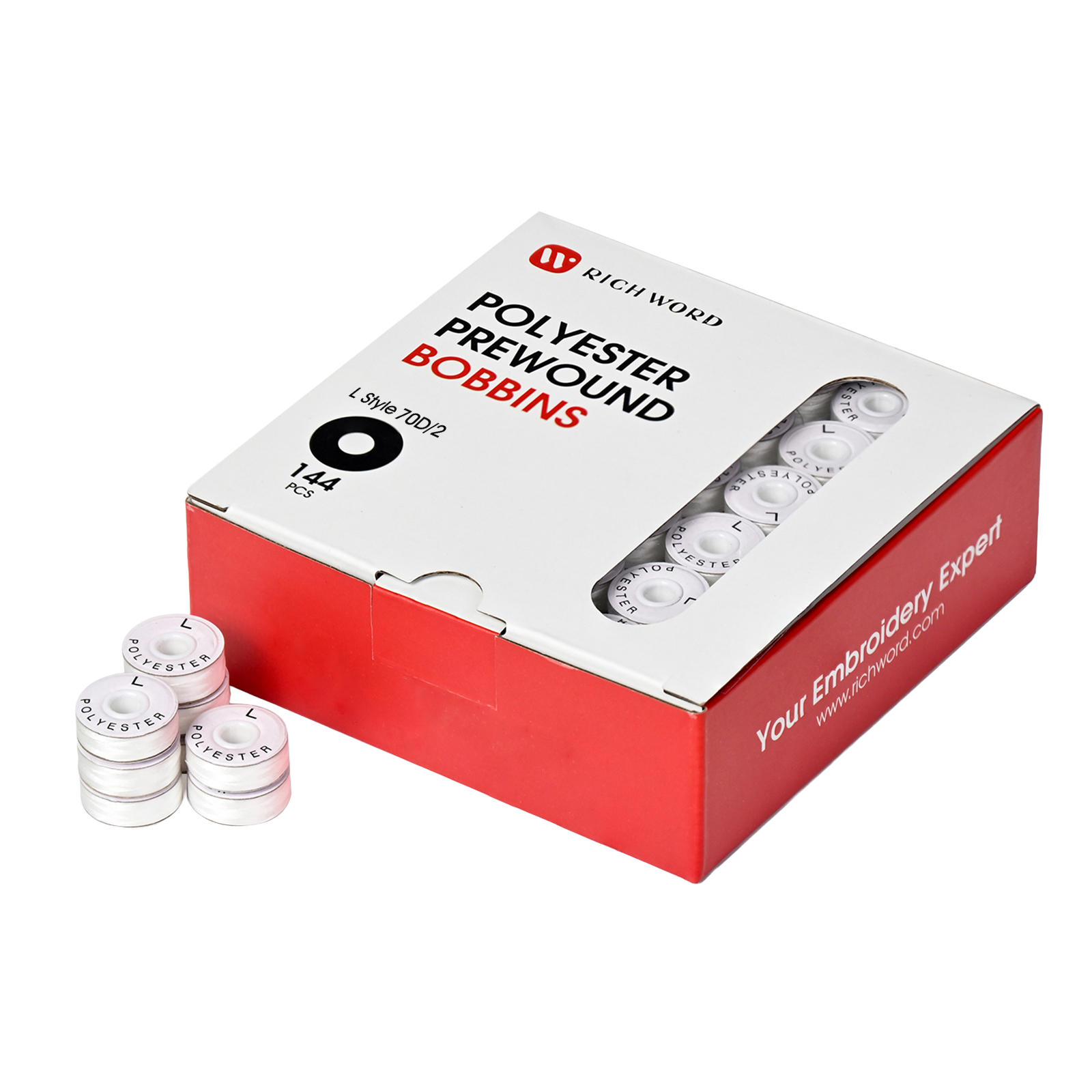 Prewound Embroidery Bobbins – Style L, 70D/2 (60WT), White, Paper Sides, 144 Pcs