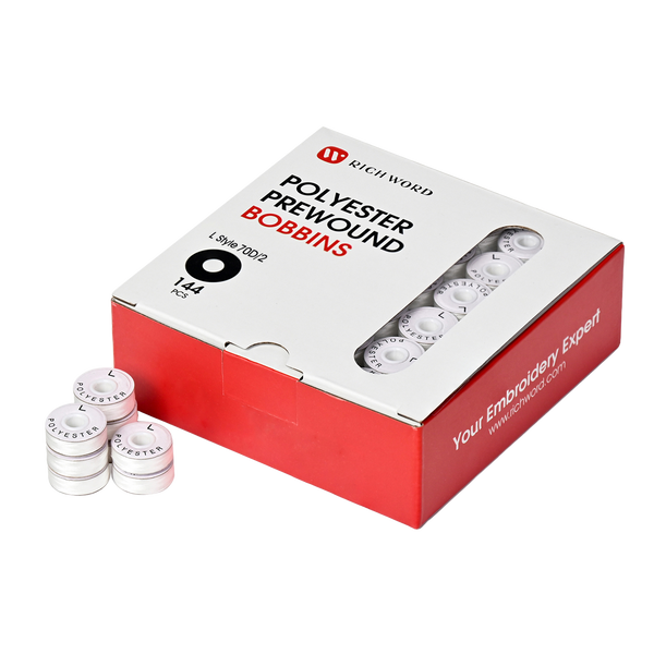 Prewound Embroidery Bobbins – Style L, 70D/2 (60WT), White, Paper Sides, 144 Pcs