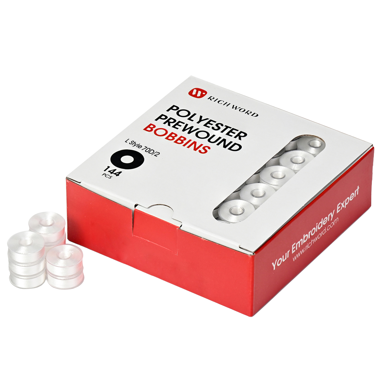 Prewound Embroidery Bobbins – Style L, 70D/2 (60WT), White, Plastic Sides, 144 Pcs