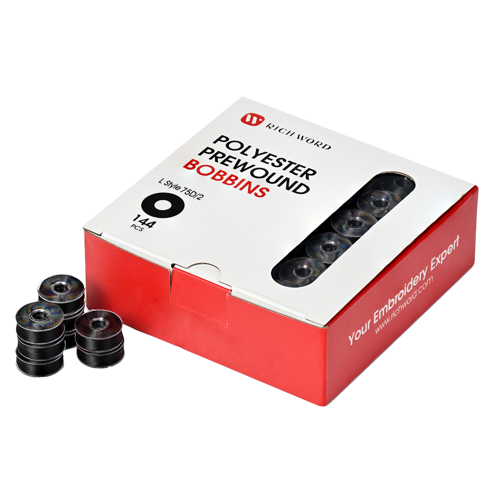 Prewound Embroidery Bobbins – Style L, 75D/2 (60WT), Black, Plastic Sides, 144 Pcs