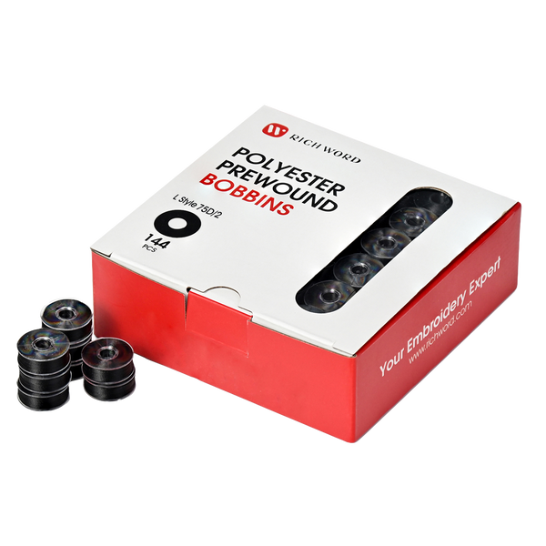 Prewound Embroidery Bobbins – Style L, 75D/2 (60WT), Black, Plastic Sides, 144 Pcs