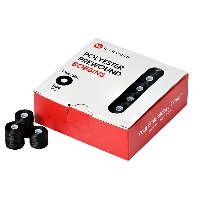 Prewound Embroidery Bobbins – Style L, 75D/2 (60WT), Black, Sideless, 144 Pcs