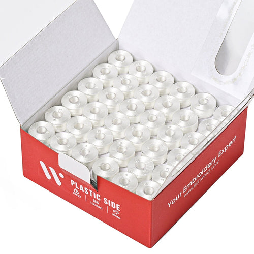 Poolin Prewound Bobbins , SizeA(Class15/SA156) , Plastic Sided , 75D Polyester Bobbin Thread , 144pcs , Richword Selected , for Single Needle Embroidery & Sewing Machines , White