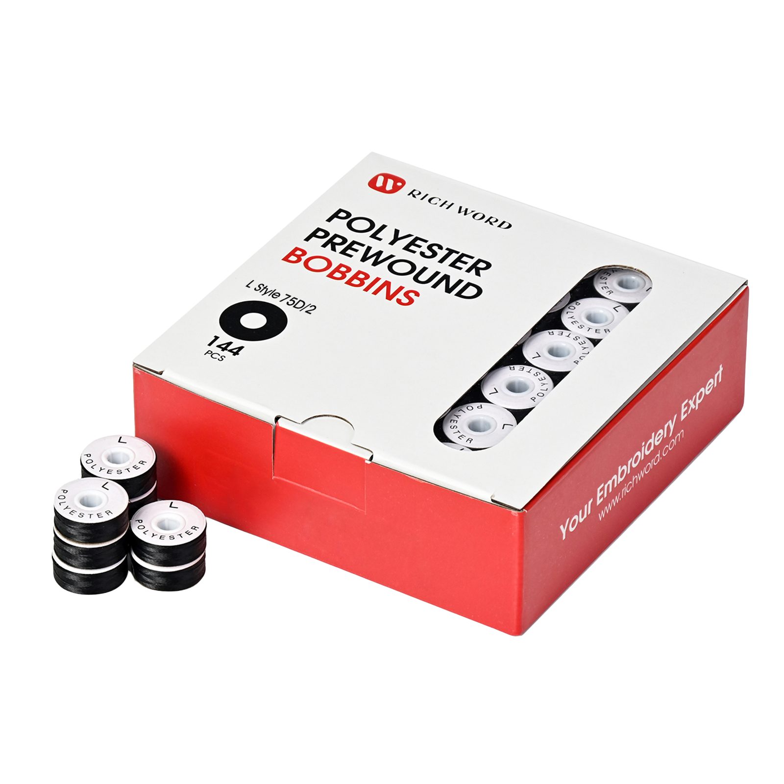 Prewound Embroidery Bobbins – Style L, 75D/2 (60WT), Black, Paper Sides, 144 Pcs