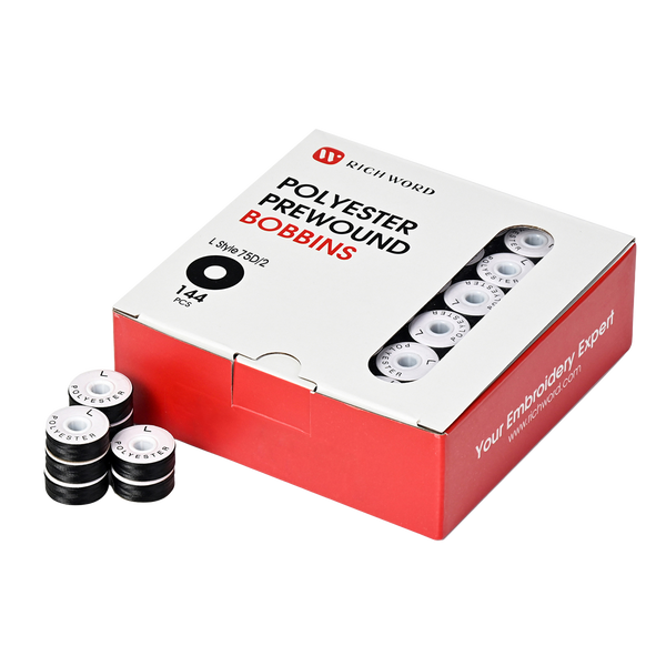 Prewound Embroidery Bobbins – Style L, 75D/2 (60WT), Black, Paper Sides, 144 Pcs