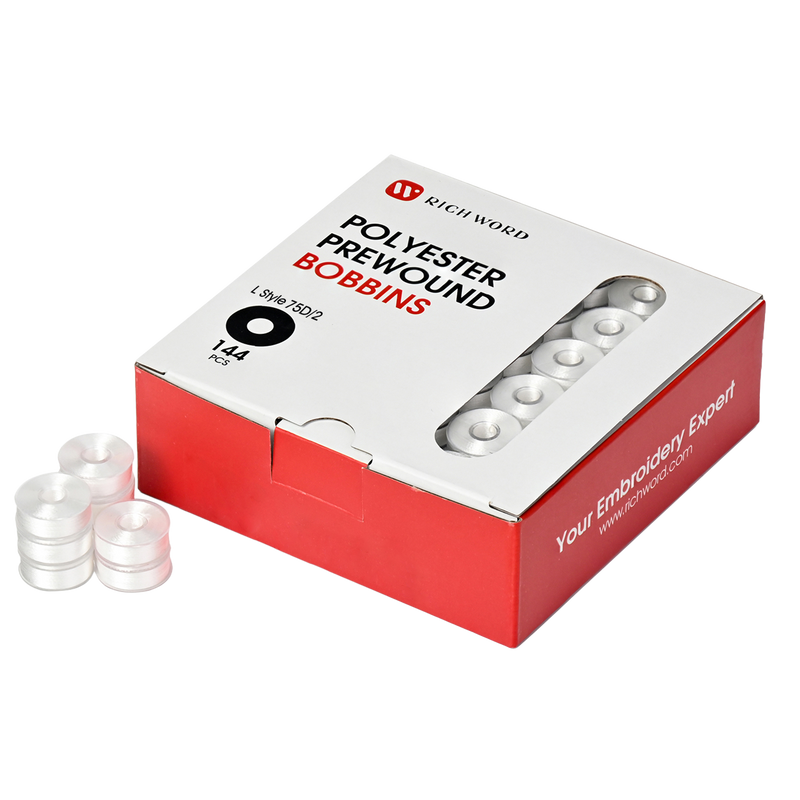 Prewound Embroidery Bobbins – Style L, 75D/2 (60WT), White, Plastic Sides, 144 Pcs