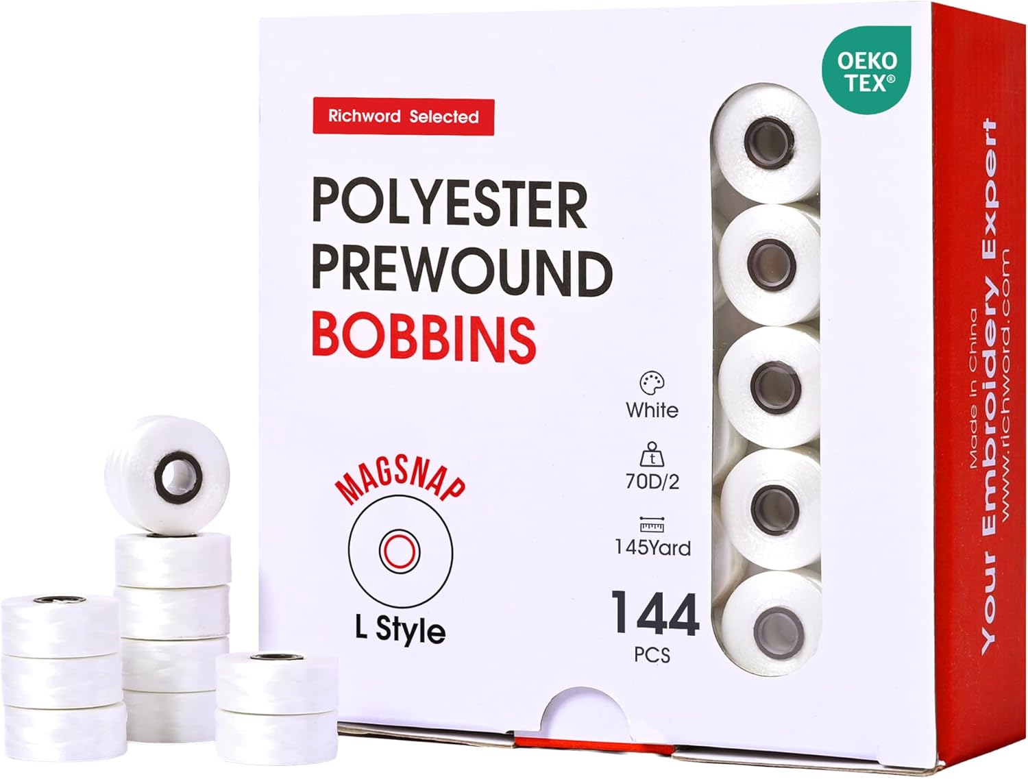Poolin Magsnap Prewound Bobbins, Style L (SA155), 144pcs White, 60WT Richword Selected Polyester Bobbin Thread for Commercial Multi-Needle Embroidery Machines